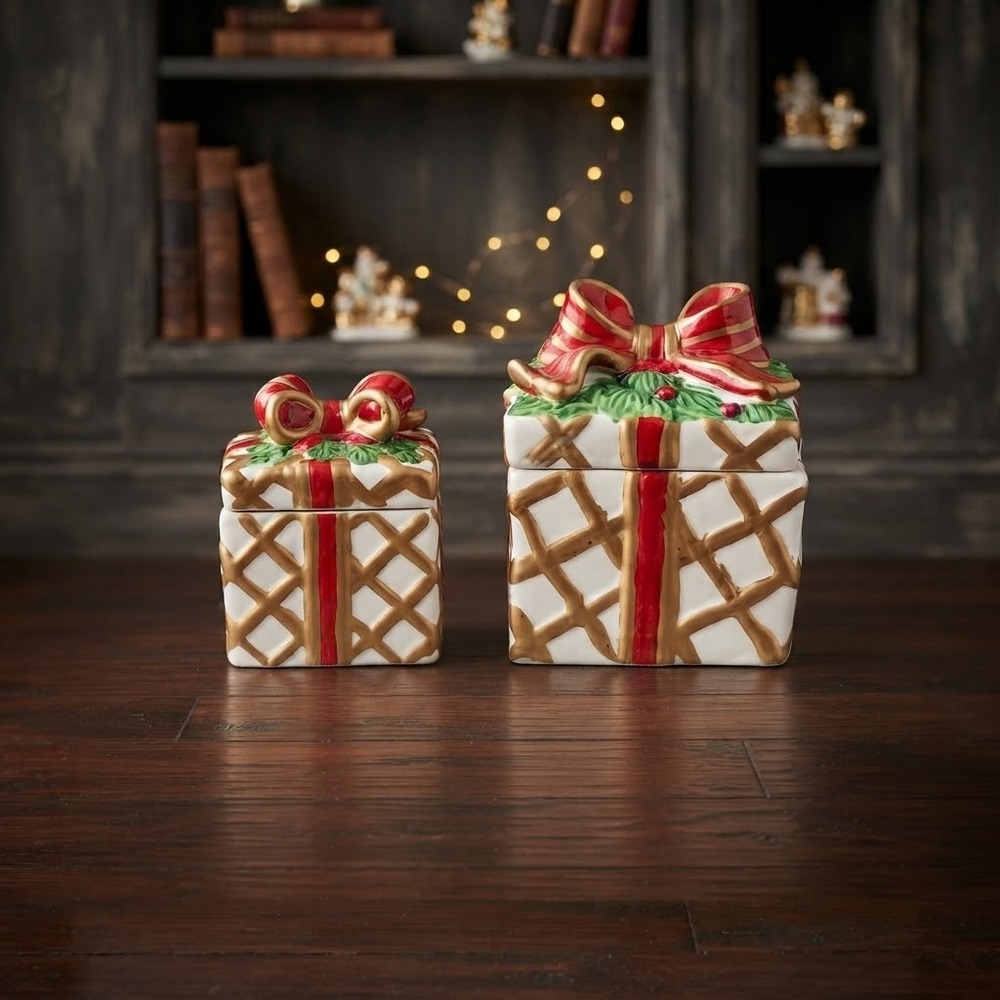 Elements Porcelain Christmas Present Candles Set of 2 Ceramic Holiday Gift Box
